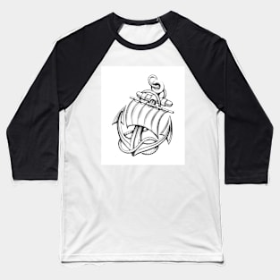 Ship Anchor with Sail and Ropes Tattoo drawn in Engraving Style. Baseball T-Shirt